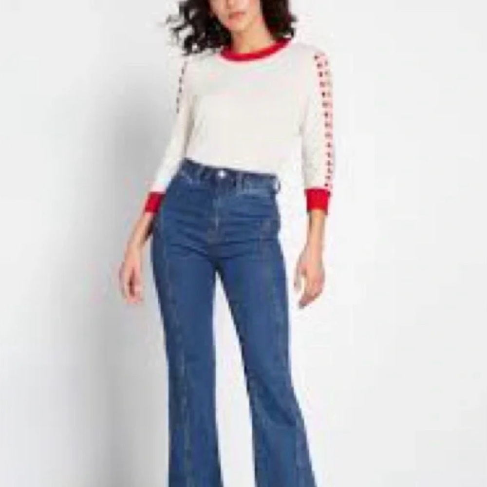 Modcloth Cream Sweater with Red Trim. 3/4 sleeve. - Picture 8 of 9